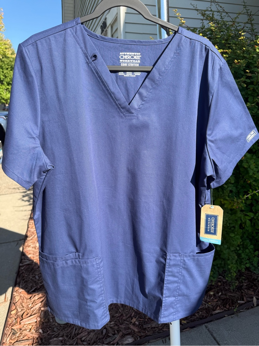 NEW Cherokee Workwear Core Stretch Navy Blue V-Neck Scrub Top w/pockets Size XL